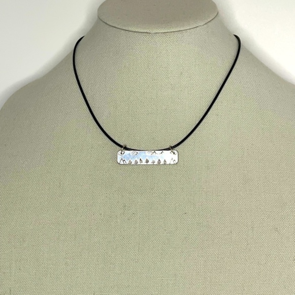 Handmade stamped nature silver rectangular pendant black leather cord necklace‎ - Picture 2 of 6
